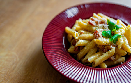 Creamy Carbonara with Bacon and Pasta.の写真素材
