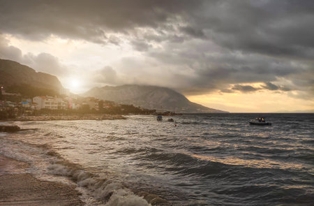Duce Beach Croatia Coastline, Cloudy Coastal Mountains.の写真素材