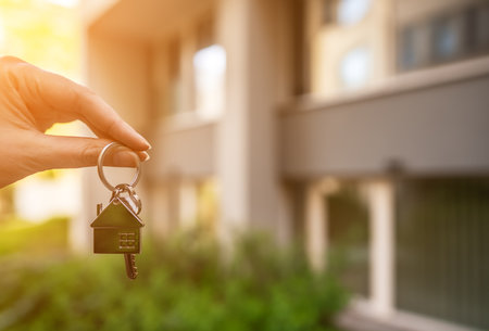 Person Holding New Home Keys Against New Building.の写真素材