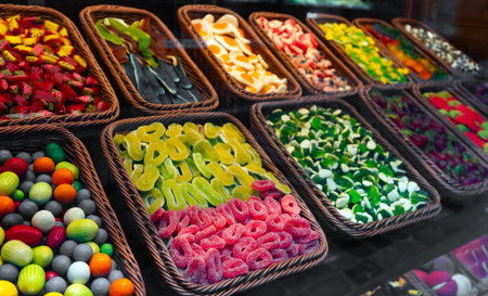 Assortment of colorful gummy candies in baskets.の写真素材
