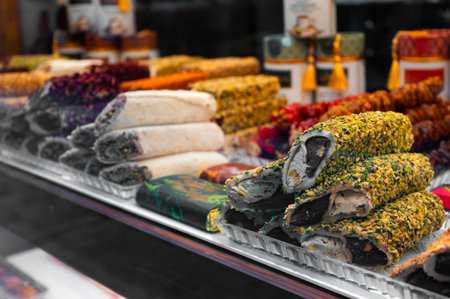 Rolled Turkish delight filled with pistachios.の写真素材