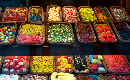 Assortment of colorful gummy candies in baskets.の写真素材