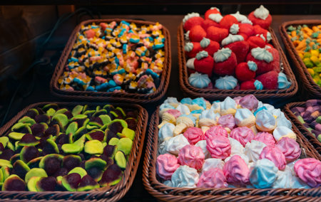 Assortment of colorful gummy candies in baskets.の写真素材