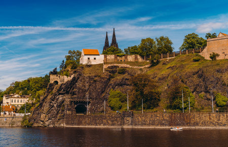 Vysehrad rock tunnel entrance on Vltava River bank.の写真素材
