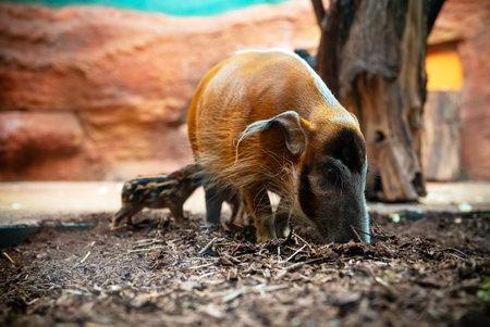 Red river hog with its striped piglet foraging in a natural enclosure.の写真素材