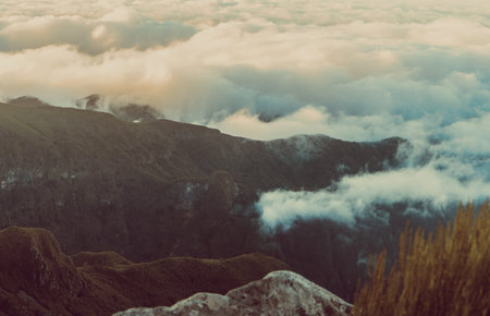 Dense cloud layer covering mountain peaks at sunset.の写真素材