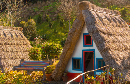 Traditional Santana house with straw roof in golden sunlight.の写真素材