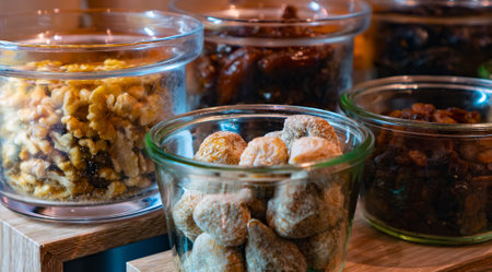 Assorted nuts and dried fruits in jars.の写真素材