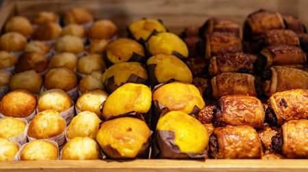 Assorted sweet muffins and chocolate puff pastries.