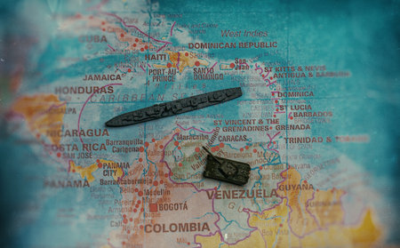 Military presence and security operations on South America map near Venezuela.の写真素材