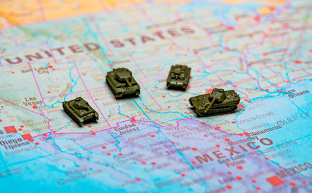 Military patrol and border security on USA Mexico map.