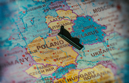 Border fence on map representing Suwalki Gap between Poland and Belarus.