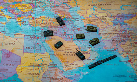 Large scale military conflict and war in the Middle East on map.