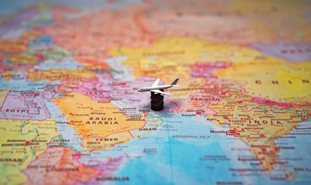 Toy aircraft on oil barrel Middle East.