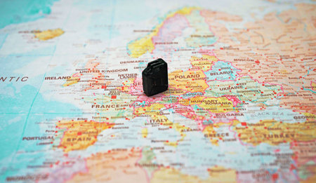 Small fuel jerrycan placed on Europe map background.