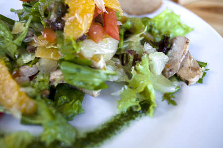 Salad with meat and herbs on a white plateの写真素材