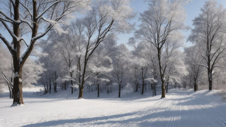 Winter landscape with trees covered with hoarfrost in the city parkの素材