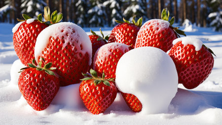Strawberries covered with snow in the winter forest on a sunny dayの素材
