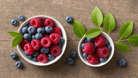 Blueberries and raspberries in bowl on wooden background, top viewの素材