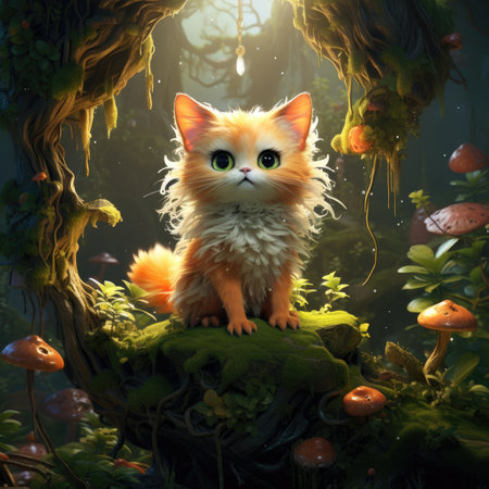 Cute red cat sitting on a tree in the garden. 3d renderingの素材