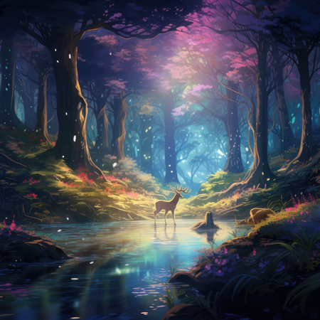 Fantasy landscape with deer in the forest. Digital art painting.の素材