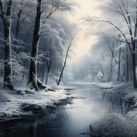 Winter landscape with a river and trees in the fog, tonedの素材