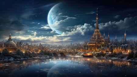 Fantasy Landscape with a big full moon over the ancient templeの素材