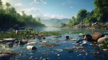 Environmental pollution concept. Garbage in the river and mountain background.の素材