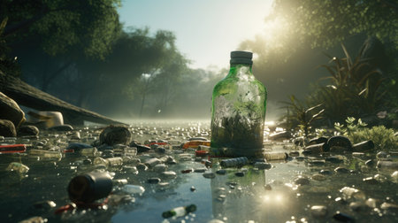 Environmental pollution concept. Glass bottle in the rain. 3d rendering