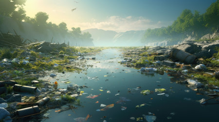 Plastic pollution in the river. Global warming concept. 3d renderingの素材