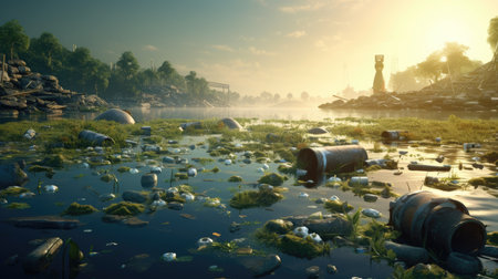 Garbage in the river at sunrise, 3d rendering. Computer digital drawing.の素材
