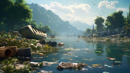 Fantasy landscape with lake and mountains. 3d render illustration.の素材