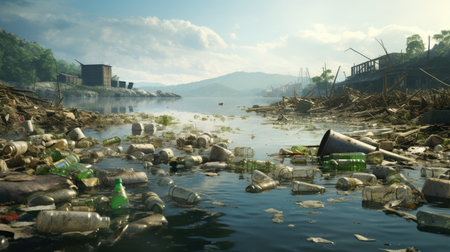 Garbage dump in the river, pollution of the environment, ecology conceptの素材