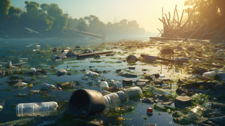 Plastic pollution on the river. Pollution of environment concept.の素材