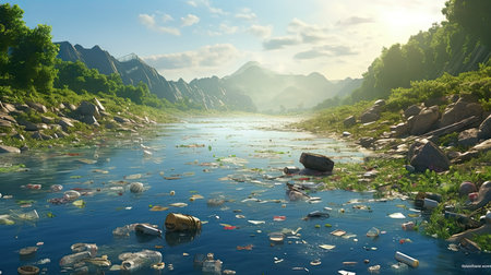 Polluted river with garbage in the mountains, 3d render.の素材