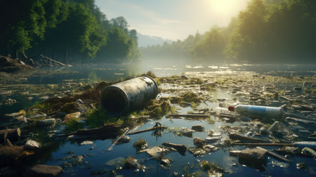 Pollution of nature. Pollution of the environment. Garbage in the river.の素材
