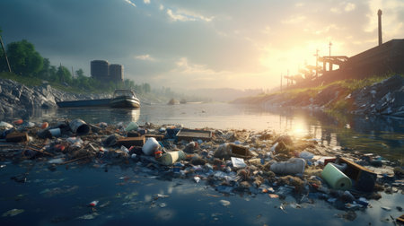 Pollution of the environment. Garbage in the river at sunsetの素材