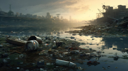 Garbage dump on the river. Pollution of environment concept.の素材