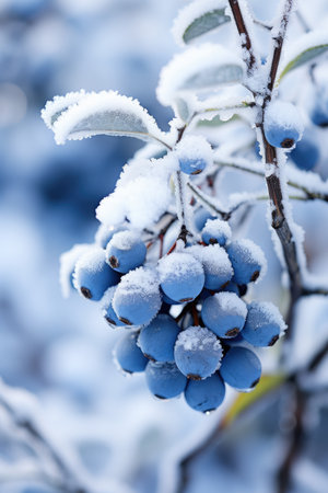 Frozen blue berries on a branch covered with hoarfrost.の素材