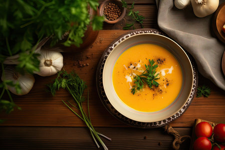 Pumpkin soup with cream and parsley on a wooden backgroundの素材