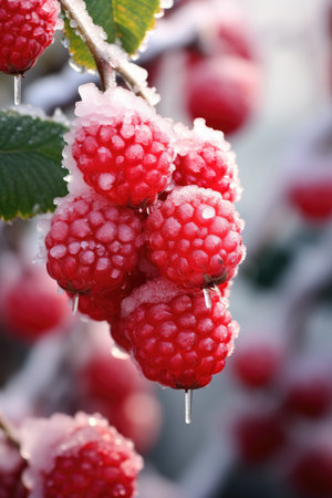 Frozen raspberries on a branch covered with snow, close-upの素材