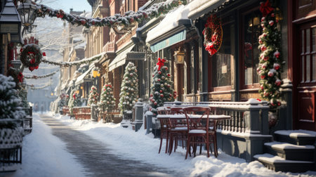 Snowy street with Christmas decorations in Boston, Massachusetts, USA.の素材
