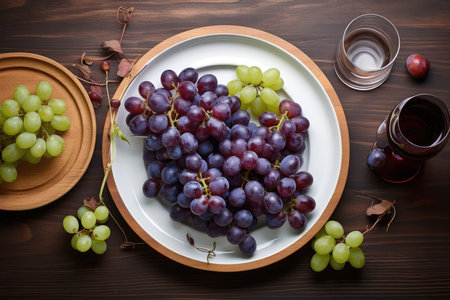 Grapes and wine on a wooden background. Top view.の素材