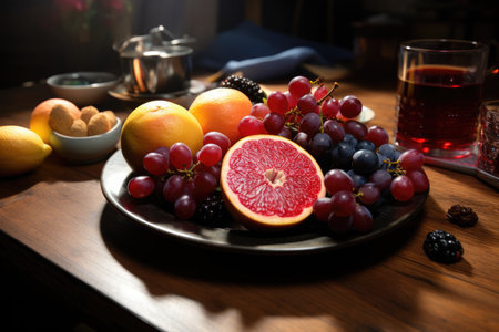 Still life with different fruits on a wooden table. Selective focus.の素材