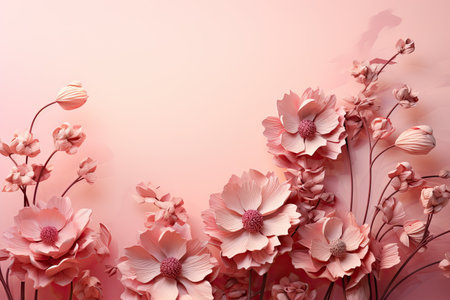 Pink flowers on pastel pink background with copy space. Flat lay.の素材