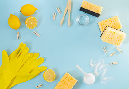 Eco-friendly natural cleaners: lemon, vinegar, baking soda, salt top view. Homemade green cleaning...