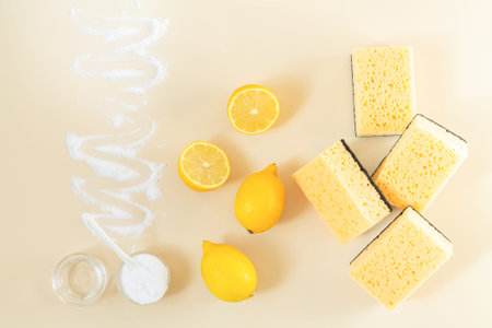 Eco friendly detergents for domestic cleaning. Fresh lemon, vinegar, baking soda