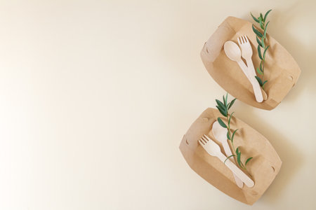 Eco-friendly disposable recyclable tableware top view with copy spaceの写真素材