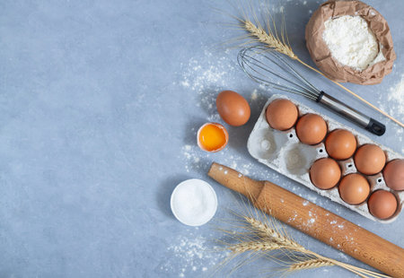Bakery background top view. Ingredients for cooking pie