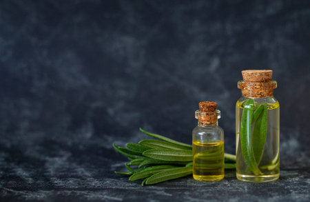 Bottles of natural rosemary essential oil for beauty, spa and skincare. Space for your text